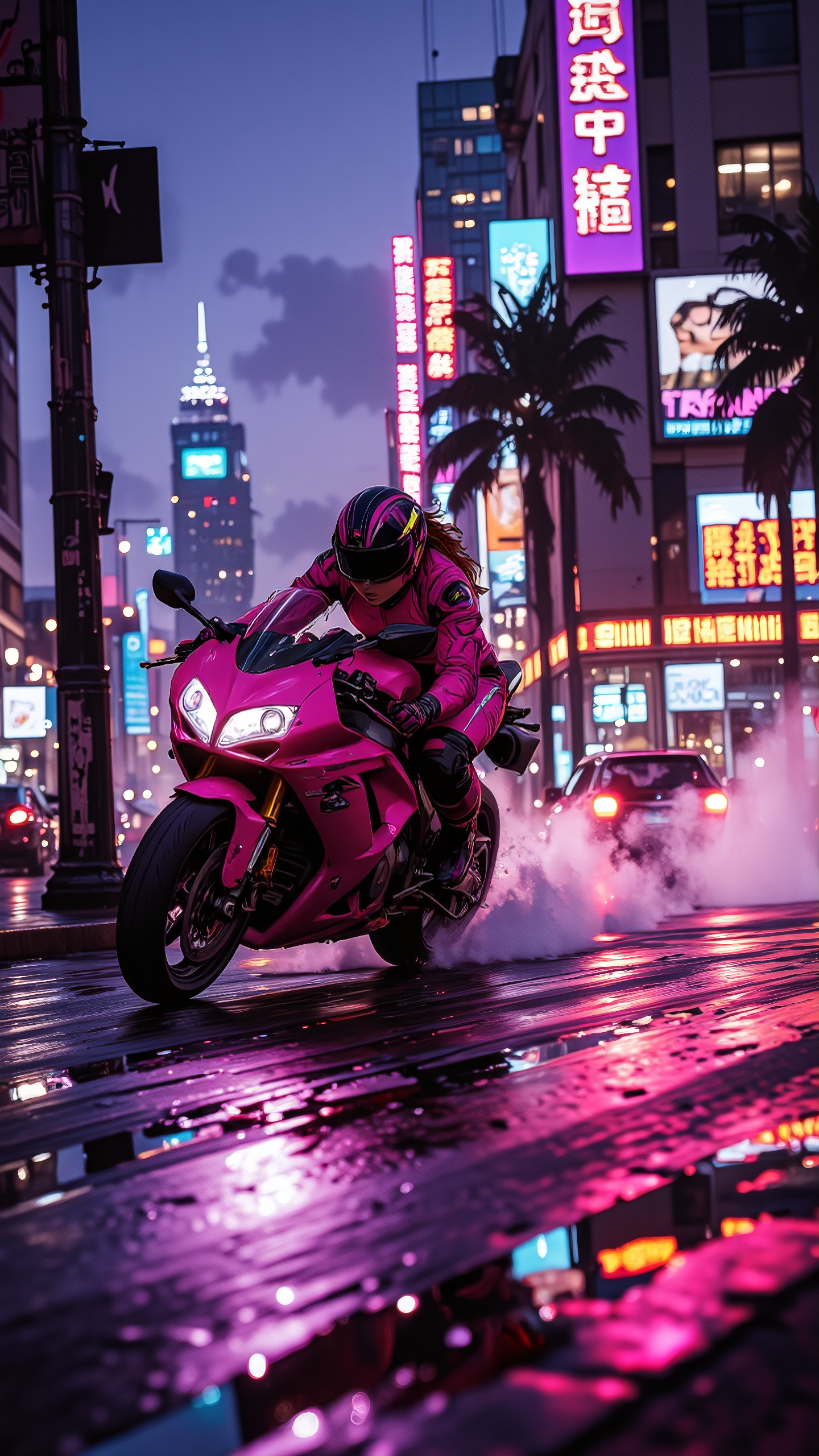 High-quality semi-realistic anime illustration with ultra-detailed rendering, smooth blended shading, fully realistic background. A young woman leans forward in a streamlined, aerodynamic posture as she speeds through the neon-lit streets of Miami on a sleek sport motorcycle at night. The rush of wind presses against her, strands of auburn hair whipping behind her as she accelerates, her focus locked on the road ahead. The deep hum of the engine and the distant pulse of music from the city blend into a hypnotic rhythm, while neon reflections streak across the wet pavement.  
She wears a striking neon-pink racing suit, its sleek, form-fitting design accentuating her athletic frame. The synthetic material gleams under the city lights, black contouring lines running along the arms and legs, emphasizing speed and motion. Reinforced gloves grip the handlebars, her fingers effortlessly adjusting the throttle as she leans into a turn. Her boots, matte black with neon accents, press firmly against the footpegs, maintaining control as she maneuvers through the streets.  
The background is fully realistic and cinematic, Miamiâs skyline towering in the distance, glowing against the deep violet sky. Art Deco buildings pulse with neon blues, purples, and fiery pinks, their reflections stretching across the glassy asphalt. The blurred light trails of passing cars and glowing street signs enhance the sense of motion, while palm trees stand silhouetted against the electric horizon. Billboards flicker with digital advertisements, casting shifting hues over the speeding motorcycle as she cuts through the night.  
The composition captures high-speed energy, blending the **thrill of movement, neon-drenched cyberpunk aesthetics, and Miamiâs vibrant nightlife** into a seamless fusion of style, adrenaline, and futuristic elegance.   <lora:Niji_anime_style_flux:1.0> <lora:Anime_Art_V3:0.8> <lora:Deepjourney:0.7000000000000001>
