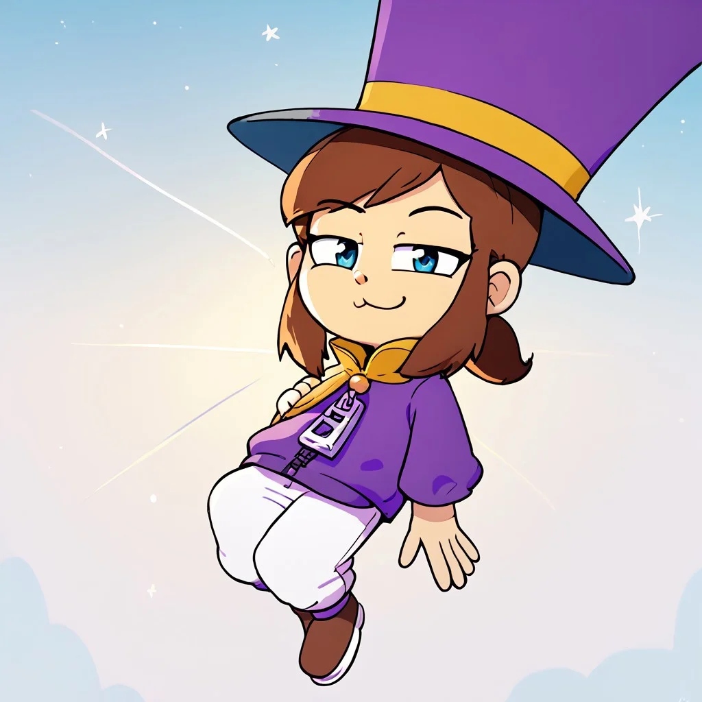 1girl, solo, hat-kid, brown hair, sidelocks, ponytail, blue eyes, purple top hat, purple dress, zipper pull tab, white pants, brown footwear, smug faces, closed mouth, giggling, score_9, score_8_up, score_7_up, perfect anatomy, source_anime, zPDXL2, space background, levitating, umbrella, hourglass, smug dancing