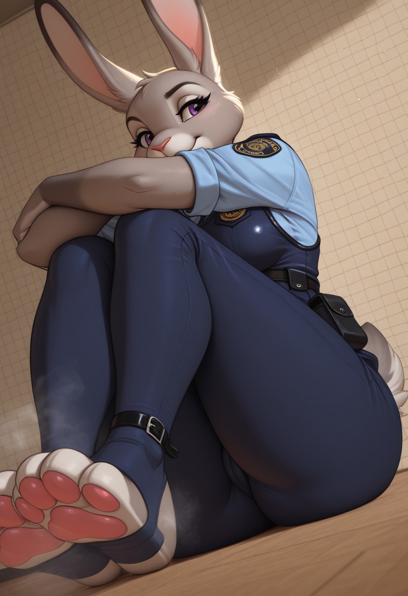 smiju,  furry, furry female, anthro, female, bunny, grey fur, purple eyes, rabbit ears, rabbit tail, police uniform, dark blue pants, blue shirt, belt, belt pouch, dark blue vest, toeless blue legwear, stirrups, medium breasts, smell, steam, legs, paws, pawpads, cameltoe, juddy hopps, sitting, hugging knees, 
dynamic angle, foreshortening,