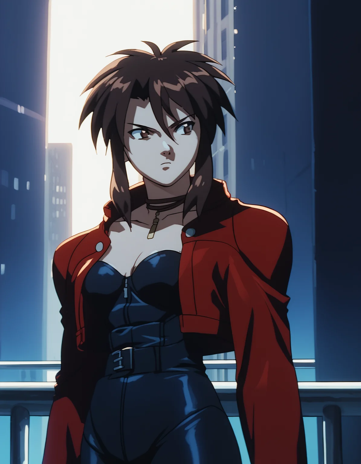 score_9, score_8_up, score_7_up, source_anime, <lora:priss-v3-ponyxl-000005:1> priss, brown eyes, ribbon choker, cropped jacket, red jacket, bodysuit,
1girl, cowboy shot, fingerless gloves, serious, looking to the side, city, night, dim lighting