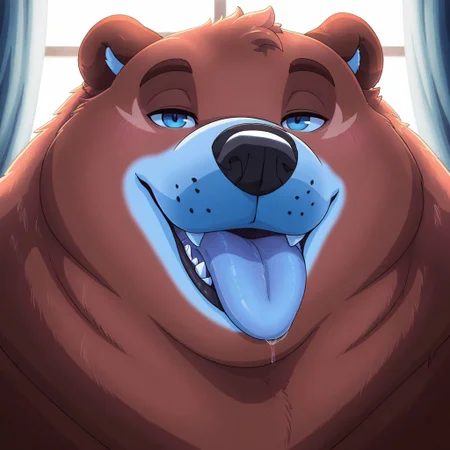 masterpiece, detailed background, best quality, absurd res, high detail, aesthetic, smooth drawing, Bjorn, bara anthro bear, blue eyes, blush, solo, 1boy, smile, face focus, close-up, tongue out, blep, seductive, bedroom eyes, looking at viewer,