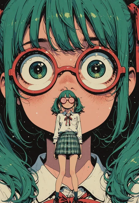 1 girl, close-up face, shy, blush, panic, funny, fujoshi miku, fujoshimiku, green hair, twintails, opaque glasses, coke-bottle glasses, white shirt, red ribbon, pleated skirt, plaid skirt, socks, long legs, big eyes, flat color, pop art, clean lineart, yoneyama mai, ahoge, shoujo style, flat coloring, soft
sinozick style, flat color, in the style of cksc, illustration, masterpiece, (extremely detailed CG 8k), (very fine 8K CG), (ultra detailed perfect piece:1.2), lat color, no lineart,,(no lineart, flat art style:1.0), NO_LINE_ART, comical, simple,
<lora:Sinozick_Style_XL_Pony:0.35> <lora:NOOB_vp1_detailer_by_volnovik_v1:1> <lora:ponyv6_noobV1_2_adamW:0.9> <lora:ck-shadow-circuit-IL:1>