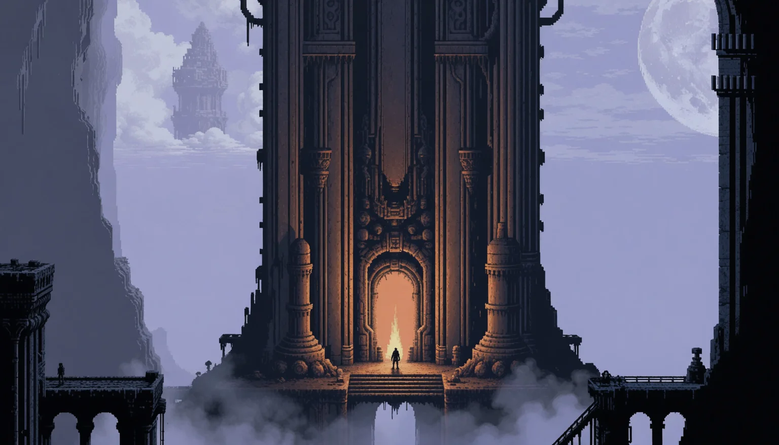 A 16-bit minimalist pixel-art portraying a dystopian monolith towering the scene. The anomalous structure is made from corroded machinery, appearing to be functional, with its mechanical pistons moving, while exhausting dense plumes of dark smoke. Set in the vast depths of an ancient ruin with ornate archways circling the monolith. The surroundings are draped in a dense mist, giving off a subtle, foreboding glow, enhancing the eerie setting. Overwhelming horror hangs in the scene. The pixel-art 's style is low-res, grid-based and pixelated, using dithering techniques as well as pixel perfect design. The color palette is characterized by limited hues inspired by fauvism. <lora:dmd2_sdxl_4step_lora>
