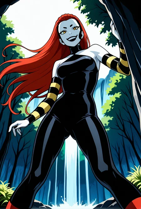 <lora:frightwig:1> frightwig, 1girl, long hair, red hair, bare shoulders, hair down,  black lips, striped sleeves, black cheeks, detached sleeves, black bodysuit, facing forward, evil grin, teeth,  dynamic pose, under waterfall, from below, wet hair, waterfall, nature, greenery, socks, foreground blur,, masterpiece, best quality, amazing quality, very aesthetic, absurdres, newest,