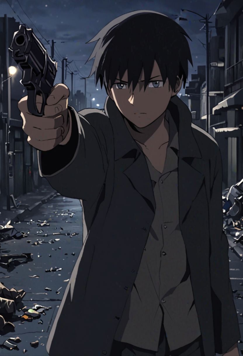 Highres, Masterpiece, High Quality, 4K, 8K, solo, 1Boy, Takaki Toono, adult, black hair, short hair, potrait, midnight, quiet street, big city, dim street lights, scattered trash, dirty, cold, tense, mysterious, sharp eyes, merciless, threatening, pointing a gun, revolver, weapon, pointing at the viewer, threatening, easynegative, detailed_eye_model