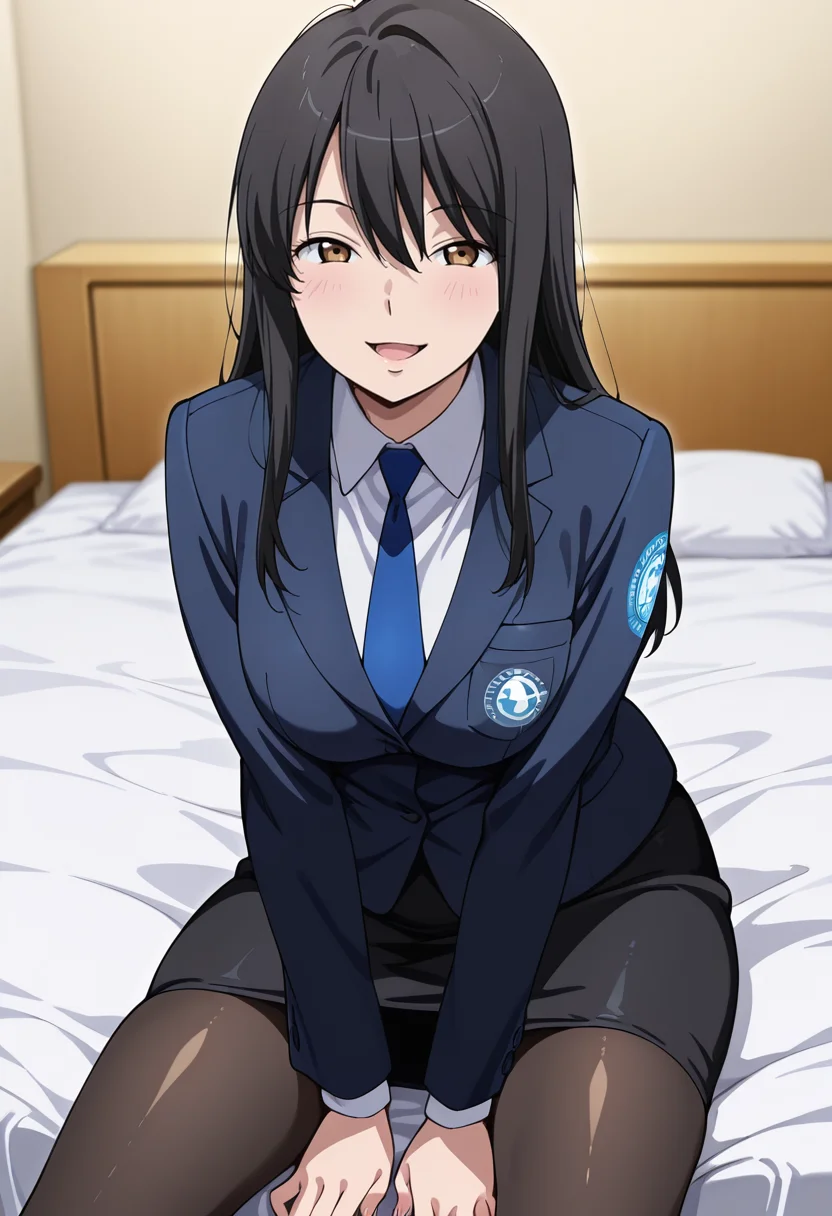 masterpiece, best quality, amazing quality, very aesthetic, absurdres, newest, illustration, perfect composition, intricate details, highres, anime coloring, 1girl, solo, yukiww, mature female, brown eyes, black hair, long hair, bangs, hair between eyes, uniform, blue necktie, blue suit jacket, white collared shirt, breast pocket, long sleeves, black pencil skirt, black pantyhose, <lora:Kaizuka_Yuki_Aldnoah_Zero_ill_v1.1:1>, indoors, bedroom, sitting, on bed, legs apart, arms between legs, looking at viewer, seductive smile, blush, open mouth, shiny body, shiny skin, skindentation, clear skin, shiny hair, ultra detailed eyes, depth of field, sharp, intricate details, hyperdetailed, ultra-detailed, detailed clothing folds, high contrast, dynamic light