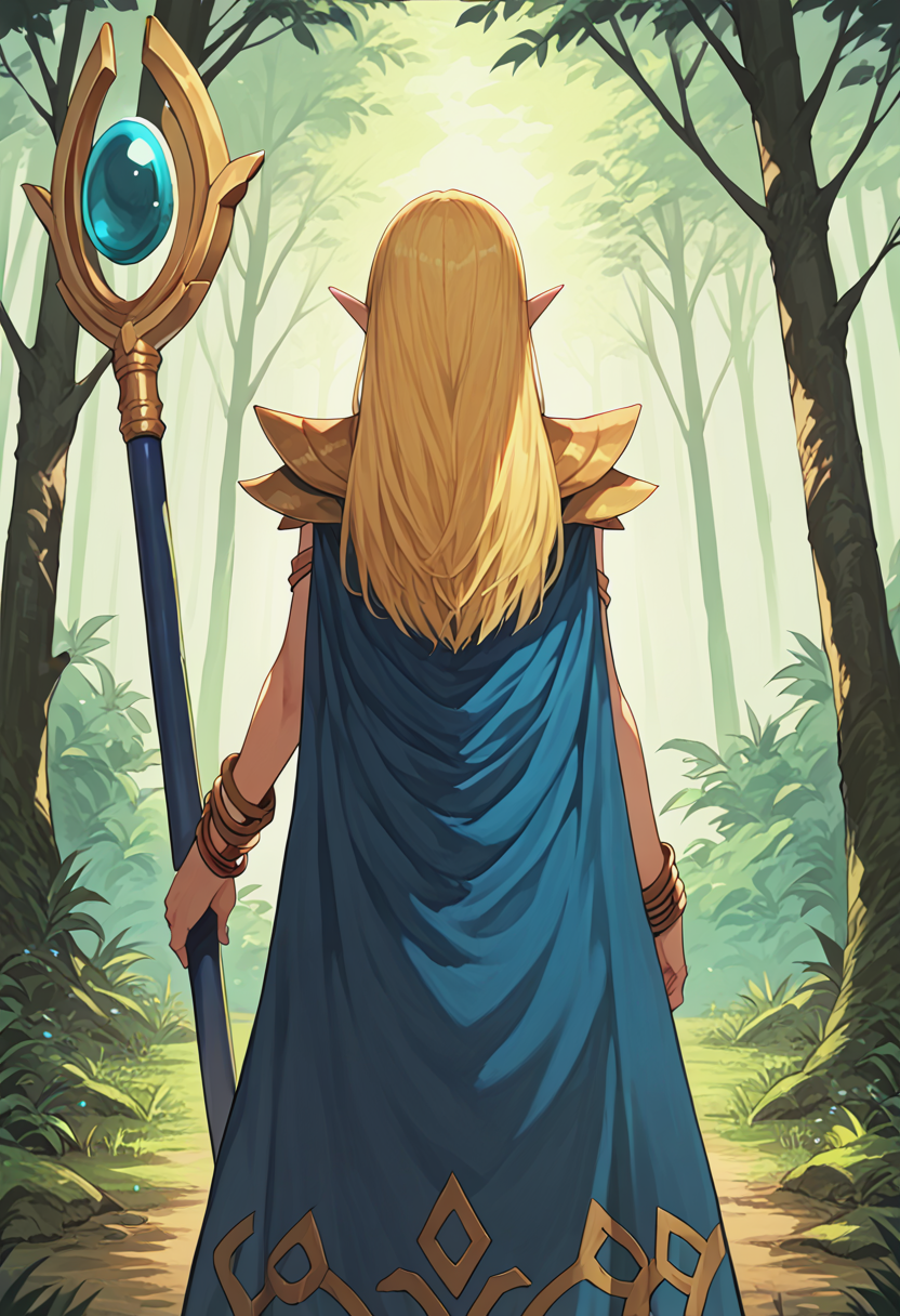 score_9, score_8_up, score_7_up,  1girl, solo, <lora:Fina:1>, fina, elf, golden shoulder armor, golden bracelets, blue cape, gold cape trim, long hair, blonde hair,  staff, holding staff, forest, from behind, facing away