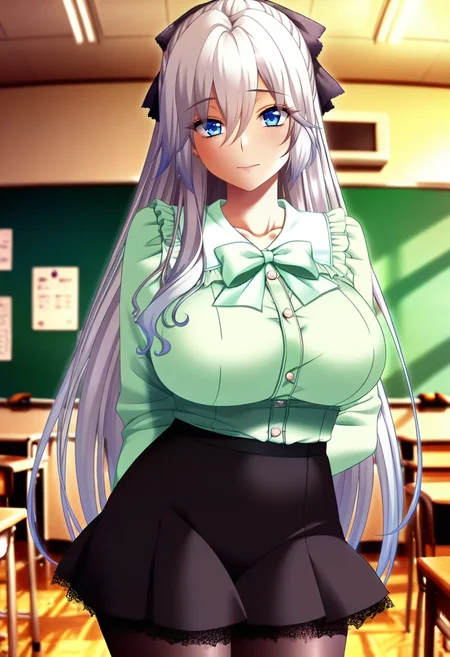 masterpiece, best quality, amazing quality,shuri mikoshiba, blue eyes, white hair, long hair, ponytail, mature female, 1girl, solo, breasts, pantyhose, black skirt, green shirt, frills, long sleeves, bow, hair bow, closed mouth,standing, looking at viewer,photo background, indoors, classroom, bookshelf, chalkboard,blurry background<lora:shuri mikoshibaV1:1>