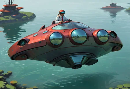 Epic Book Cover.
A crazy maker in white shirt and scarlet tie rides a floating futuristic iridescent electromagnetic hover-craft.
The hover-craft is partially reflective liquid metal.
He wears reflective old pilot glasses.
He wears a chromed blocky and goofy helmet.
By "Simon Stalenhag".
Life-like details.
Cinematic.
Dramatic.
Dynamic.
Extremely refined lines and and shapes.
Extremely refined details on objects.
Sharp details.
Wide range of colors.
Many details everywhere. Ray-Tracing. Anti-Aliasing. Realistic soft shadows. Low saturation colors. Insane quality. Insane resolution. Insane details. Masterpiece. 32k resolution.