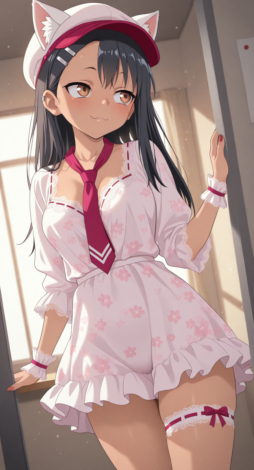 masterpiece, cute, lovely, (best quality:1.3), best quality, (amazing quality:1.3) ,very aesthetic, high resolution, absurdres, newest, perfect eyes, intricate eyes, 1girl, solo ,(trg_sain), Nagatoro_Hayase_Style, black_hair, (brown_eyes), long_hair, bangs, hairclip, hair_ornament, straight_hair, very cute, light particles, cute details, cute colors, (medium_breasts:1.3), (mature woman:1.3), tall, BREAK, (cat ears:1.15), cowboy shot, dutch angle, red fingernails, long fingernails,backlighting, sidelighting, bokeh, bloom,Lace-trimmed wrap-front bodysuit with cap sleeves. , seductive,1girl, vibrant colors, light particles, drawn neon cat, neon light, frilly socks, thigh strips, detailed, detailed background, detailed clothing, detailed hair, skin folds, intricate, volumetric lighting, dramatic lighting, very awa, very aesthetic, dynamic, cinematic, lazypos, Floral chiffon blouse with tie neckline and elastic cuffs.