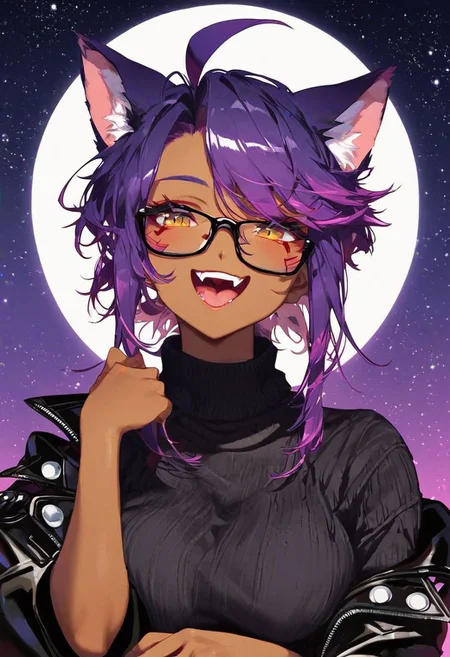 score_9_up, score_8_up, score_7_up, very detailed, cute catgirl, cute pose, catgirl ears, tanned skin, dark skin, titanium framed glasses, bright neon purple hair, ponytail hair, short hair, ahoge hair, sly smile, open mouth, starry jewelrey, baggy sweater, oversized sweater, Red Turtleneck sweater, black leather coat over sweater, studded coat, spiked coat, night time, cyberpunk city in background, moon, solo focus on face, from torso up, detailed face, best detail, (best quality:1.5), masterpiece, (high resolution:1.5)
ng_deepnegative_v1_75t, OverallDetail, , Expressiveh