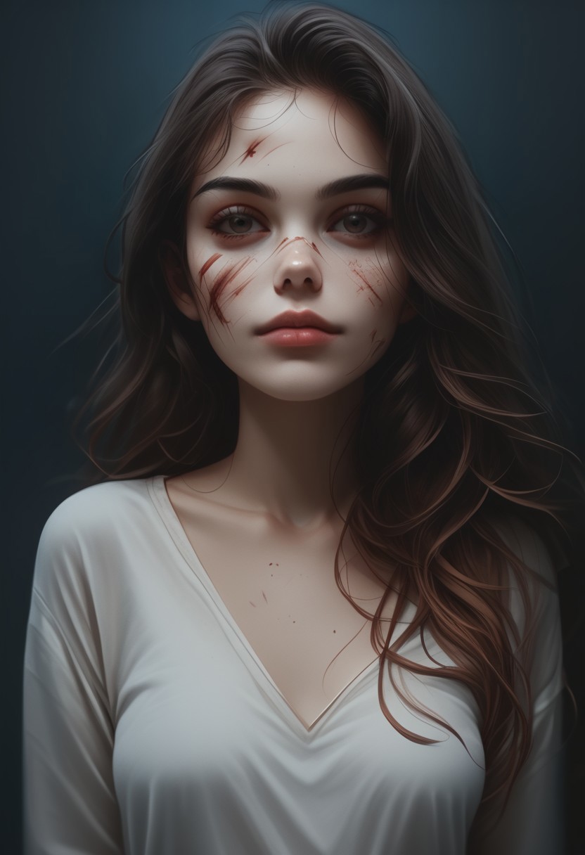score_9, score_8_up, score_7_up, score_6_up, 1girl, solo, medium breasts, long hair, attractive, symmetrical face, soft structured facial features, (bruises and scratches:0.8), night, (european:0.6), (brazilian:0.6), d3t41l3d