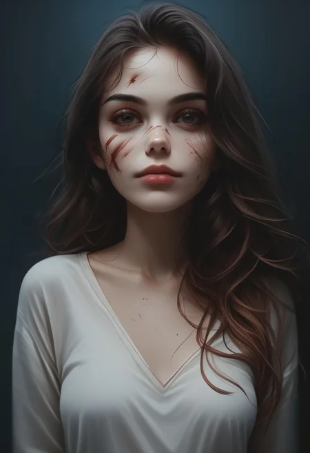 score_9, score_8_up, score_7_up, score_6_up, 1girl, solo, medium breasts, long hair, attractive, symmetrical face, soft structured facial features, (bruises and scratches:0.8), night, (european:0.6), (brazilian:0.6), d3t41l3d