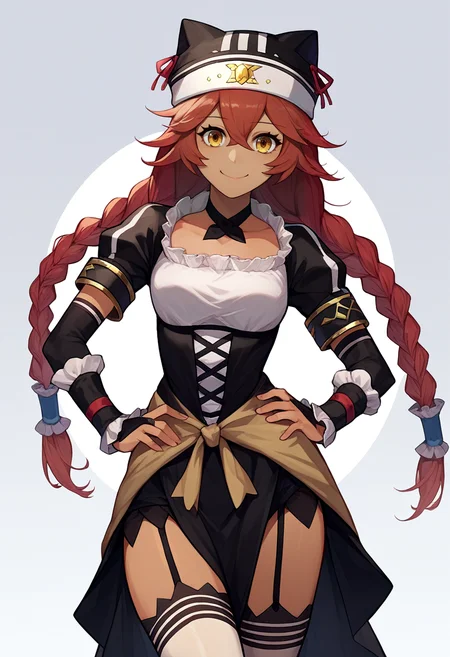 score_9, score_8_up, score_7_up, source_anime, solo, 1girl, lupusregina beta, dark skin, smile, looking at viewer, hand on hip, twin braids, hat, frills, black dress, short sleeves, bridal gauntlets, white thighhighs, garter straps <lora:ol_lupusreginabeta_ponyXL:1>