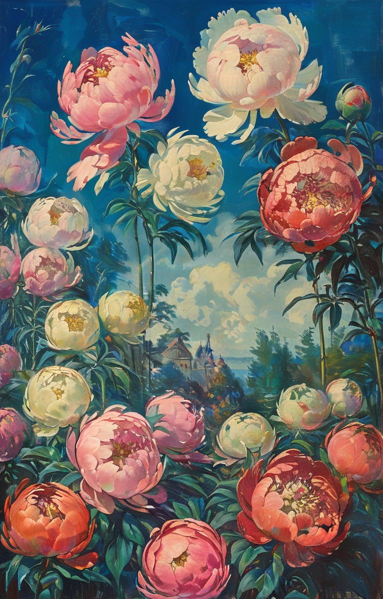 masterpiece,best quality,<lora:tbh263-sdxl:0.9>,illustration,style of Boris Kustodiev decaying peonies