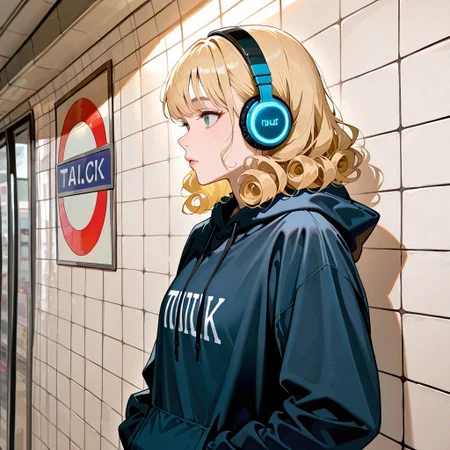 (masterpiece, newest, high quality, best quality, very awa, very aesthetic, ultra detailed, realistic), hyperrealistic, (UHD quality details), close up, tube_platform, tfl_sign, tiled wall, 1girl, upper body, standing, hoodie, hood down, headphones, blonde hair, curly hair, cutie, looking away, indoors, depth of field, 8k uhd, absurdres, volumetric lighting, tack sharp focus, beautiful composition, intricate detail, professional illustration