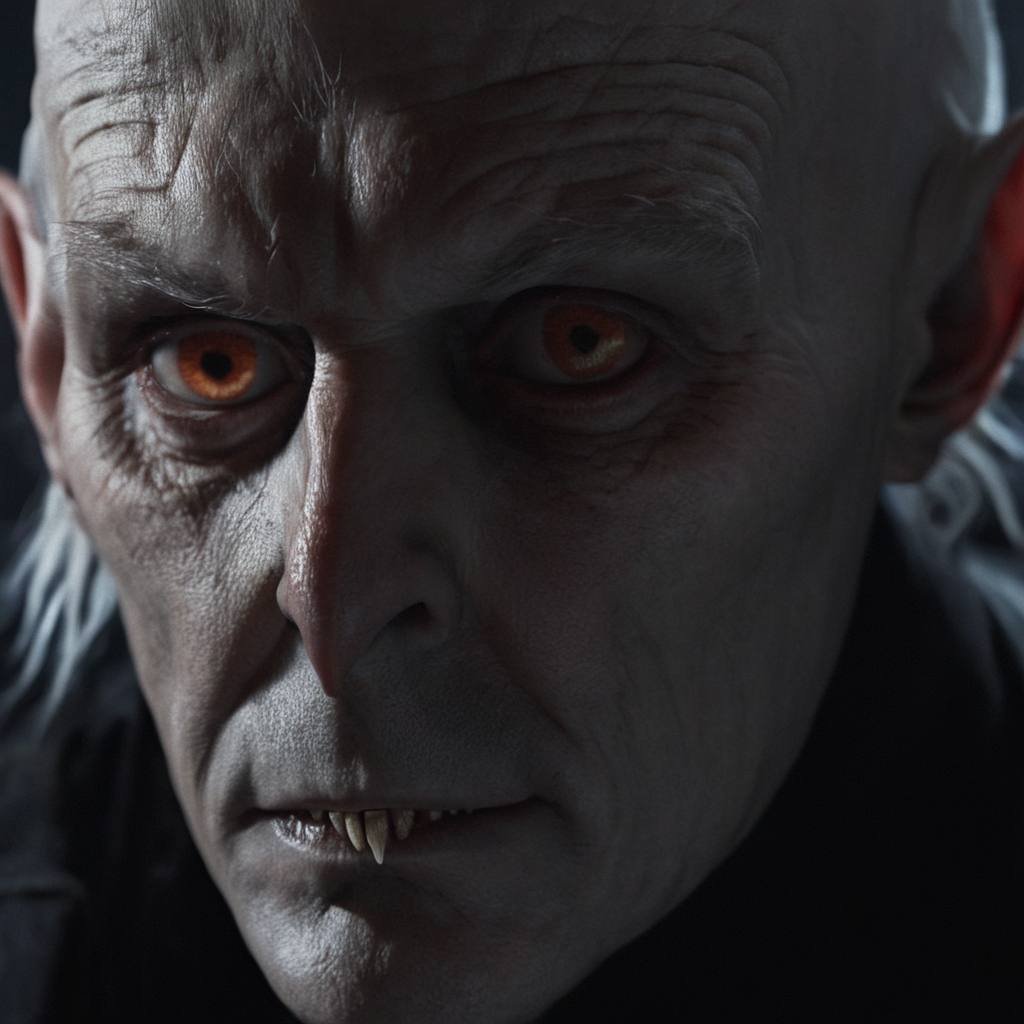 cinematic film still of  <lora:Nosferatu:1>
Nosferatu a man with a toothy face and a jacket,solo,looking at viewer,1boy,white hair,male focus,teeth,pointy ears,signature,blood,sharp teeth,portrait,realistic,bald , Count Orlok, bald head, white skin, pale skin, vampire, realistic, realism, photorealism, hyperrealism, hyperrealistic, realistic, sharp, detailed, cinematography style, film light style, movie still,  professional photography, artistic, perfection, contrast, cinematic, filmic, high quality photo,  8k quality, colorful, photography style, horror style, shallow depth of field, vignette, highly detailed, high budget, bokeh, cinemascope, moody, epic, gorgeous, film grain, grainy