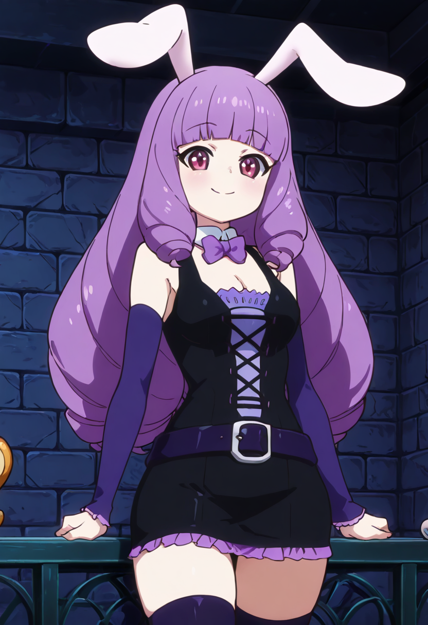 (masterpiece, best quality, good quality, very aesthetic, absurdres, newest:1.2), (curvy, medium breasts),  zzChuchu, pink eyes, drill hair, long hair, purple hair, animal ears, rabbit ears, blunt bangs, rabbit girl,   dress, bow, cleavage, detached sleeves, belt, bowtie, detached collar,  , <lora:ChuchuShowByRock_NAI:1.0>,, smile, looking at viewer, cowboy shot,  ,<lora:Diives_NAI:1.0>,