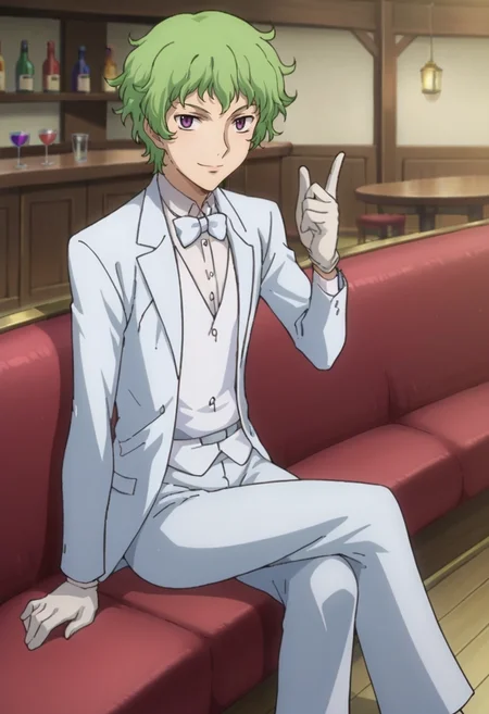 score_9,score_8_up,score_7_up,anime coloring BREAK source_anime,anime,<lora:Hiling_Care_Gundam_00_Pony:0.8>,hiling,1other,solo,green hair,short hair,purple eyes,bowtie,white tuxedo,white gloves,white pants,smile,sitting,crossed_legs,indoors,bar,chair,