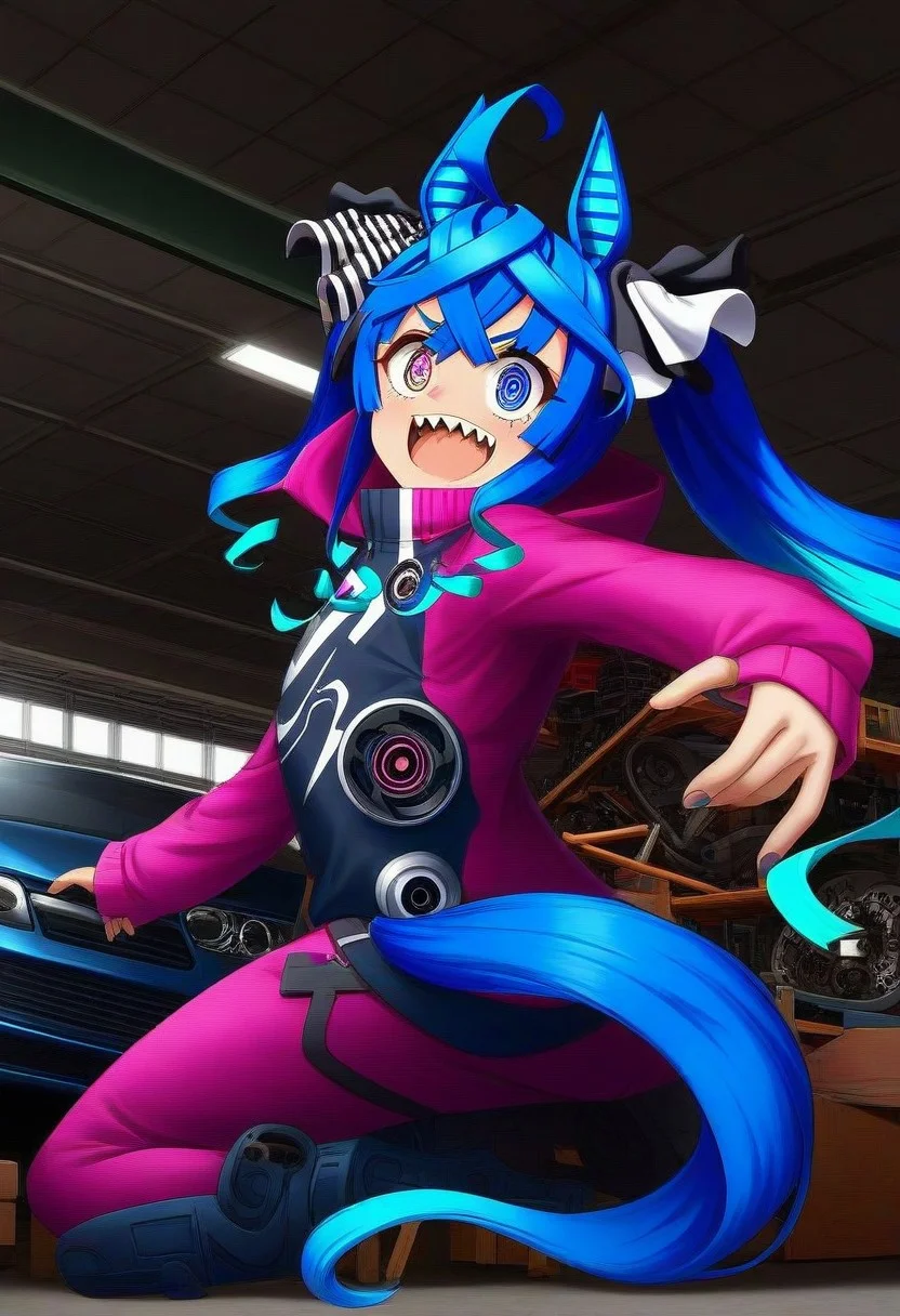 tools-world-morph,twintails ,
twin_turbo_\(umamusume\) , teeth , 1 girl , solo ,umamusume , , animal_ears , @_@ ,
, anime , 1girl , looking_at_viewer , open_mouth , , sharp_teeth , blue_hair heterochromia , tools, colorful , horse_girl , horse_tail , long_hair , long_sleeves ,indoor , garage , 1 car and 1 girl, turbo engine, gasolene can,