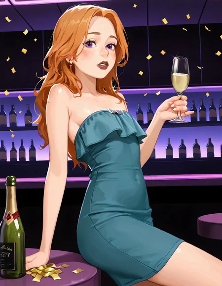 newest, highres, masterpiece, score 9, score 8 up, score 7 up, 1girl, 19 years old, mature eyes, Galaxy in her eyes, \(dark lipstick\), imperfect skin, detailed face, detailed eyes, hot, casual photo, classy makeup, freckles,
1woman, solo, Maya, thick butt, modern and cute, tight waisted body, hot, freckles, skinny, flat chested, lovely, concerned, sexy, Expressiveh, 1nc4s3, \(boudoir photos\), wide angle,
strapless dress, \(orange\) dress, sideboob, sleeveless,
Setting, indoors, Purple walls, moody, dance club, bar, foggy, misty, \(holding champagne glass in left hand\), \(holding champagne bottle in right hand\), confetti everywhere, confetti floating around her, \(HAPPY NEW YEARS\), embedding:safe pos