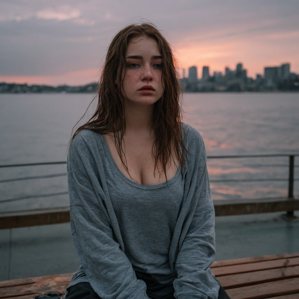 beautiful girl, candid photo, slightly overweight, real curves, realistic, sad, crying, desperate, heartbroken, tears, __Eyecolor__ eyes, extremely wet __Haircolor__ hair, ((dark makeup)), hyperdetailed photography, soft light, head and shoulders portrait, freckles:0.1, cover, soft light, sitting on a bench, gray wet city background, soft __Neoncolors__ neon signs on the distance.