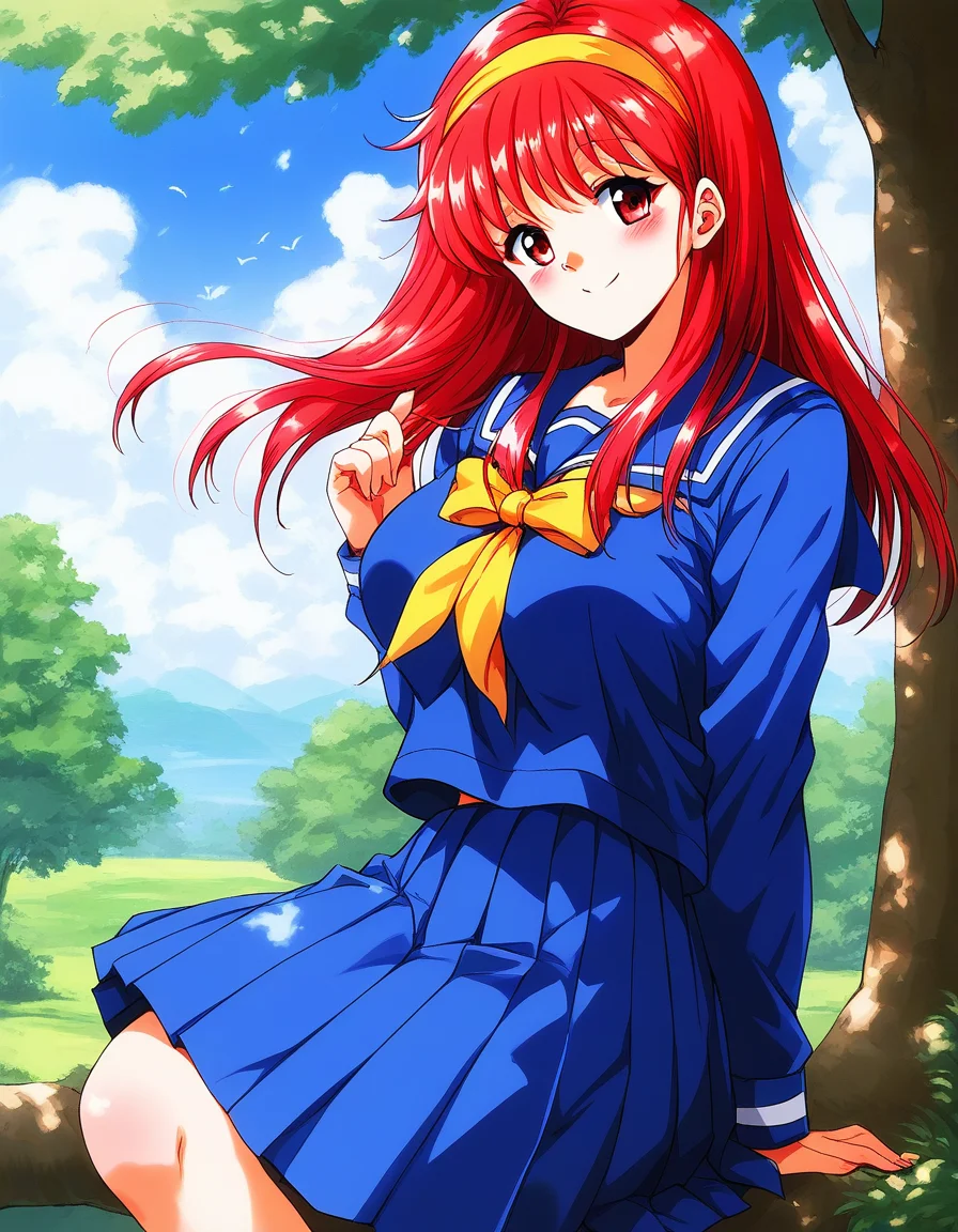 score_9, score_8_up, score_7_up, source_anime, rating_explicit, BREAK <lora:Fujisaki_Shiori_XL:1> FujisakiShiori, long hair, Yellow hairband, red hair, red eyes, large breasts,
1girl, solo, school uniform, skirt, blue serafuku, long sleeves, blue skirt, blue long sleeve,
yellow bow, pleated skirt, bow, blue sailor collar,
outdoor, sky, tree, smile,
looking at viewer, blush,