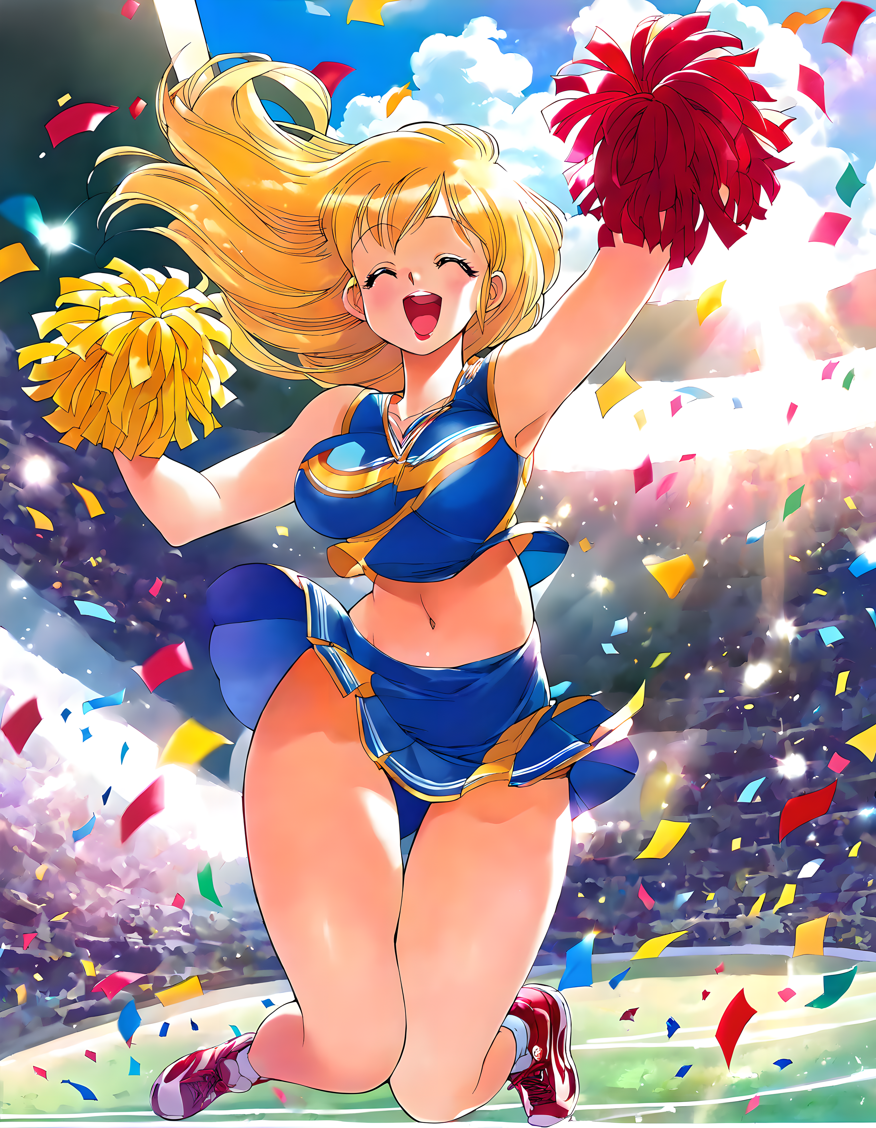 <lora:pony_xl_runa:0.9>,runa,score_9,score_8_up,score_7_up,source_anime,1girl,solo,long hair,cheerleader,jumping,jump,navel,arm_up,cleavage,bouncing breasts,laughing,front view,sneakers,shining sunlight,lens_flare,hair_flaps,a packed stadium,confetti,arched_back,outstretched_arm,wind_lift,arms_up,