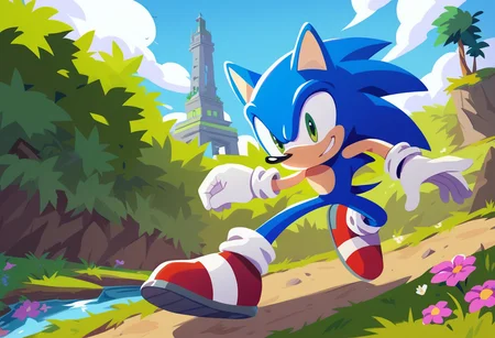 zPDXL3,<lora:sonicchannelv22-15:0.7>, score_9, score_8_up, score_7_up, sonic channel (style), 1boy, solo, sonic the hedgehog, blue fur, running, looking at viewer, green hill zone, scenery, tower, grass, bush, flower, white gloves, two-tone fur, red sneakers, beige fur, green eyes, spread legs, reflection, dutch angle, sonic (series), debris,