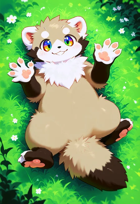 zuppu11, full body, solo, furry, score_9, score_8_up, look at viewer, male focus, raibow eyes, rainbow eyes, no humans, fractal iris, furry male, ferret lying on grass, happy, smile, flux-style, detailed eyes, blushing