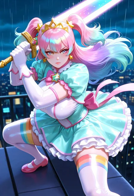 1woman, 25 years old, rainbow eyes, pink hair, long sidelocks, two side up, long hair, multicolored hair, gradient hair, aqua tips, masterpiece, best quality, absurdres, huge breasts,
(pastel colors, pastel blue, pastel pink, pastel green, pastel purple, pastel rainbow), pastel blue magical girl, padded magical girl dress, kawaii, frilled skirt, thighhighs, pastel aqua dress, multilayered dress, tutu, petticoat, padded dress, puffy short sleeves, elbow gloves, gold tiara, gem brooch, large bow, ribbons, lace trim, frills, latex, shiny clothes, sparkles, glitter, star earrings, rainbow accessories, jewelry, frilled mary janes,
lipgloss, eyelashes, light blush, light makeup,
outdoors, city, night, overcast, rain, on rooftop,
solo, fighting stance, serious, (sword guard stance), two-handed, holding sword, energy sword, huge weapon,
intricate, highly detailed, majestic, shallow depth of field, movie still, circular polarizer