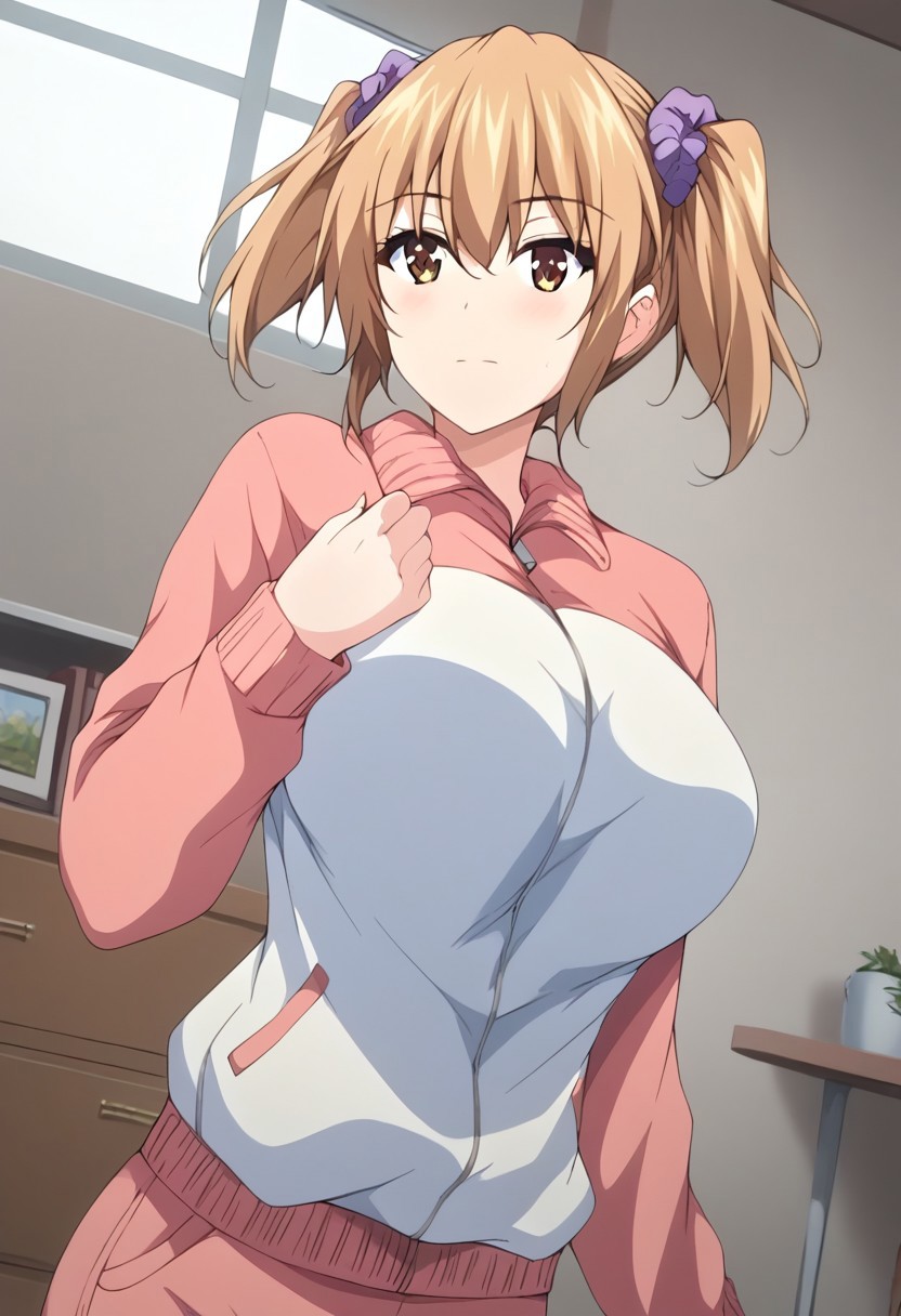 score_9,score_8_up,score_7_up,score_6_up,blurry, blurry background,1girl,ozawam,large breasts,brown hair,short hair,hort twintails,scrunchie,hair ornament,brown eyes,,track jacket,track suit,posing,upper body,volumetric light,indoors,living room,cowboy shot, dutch angle