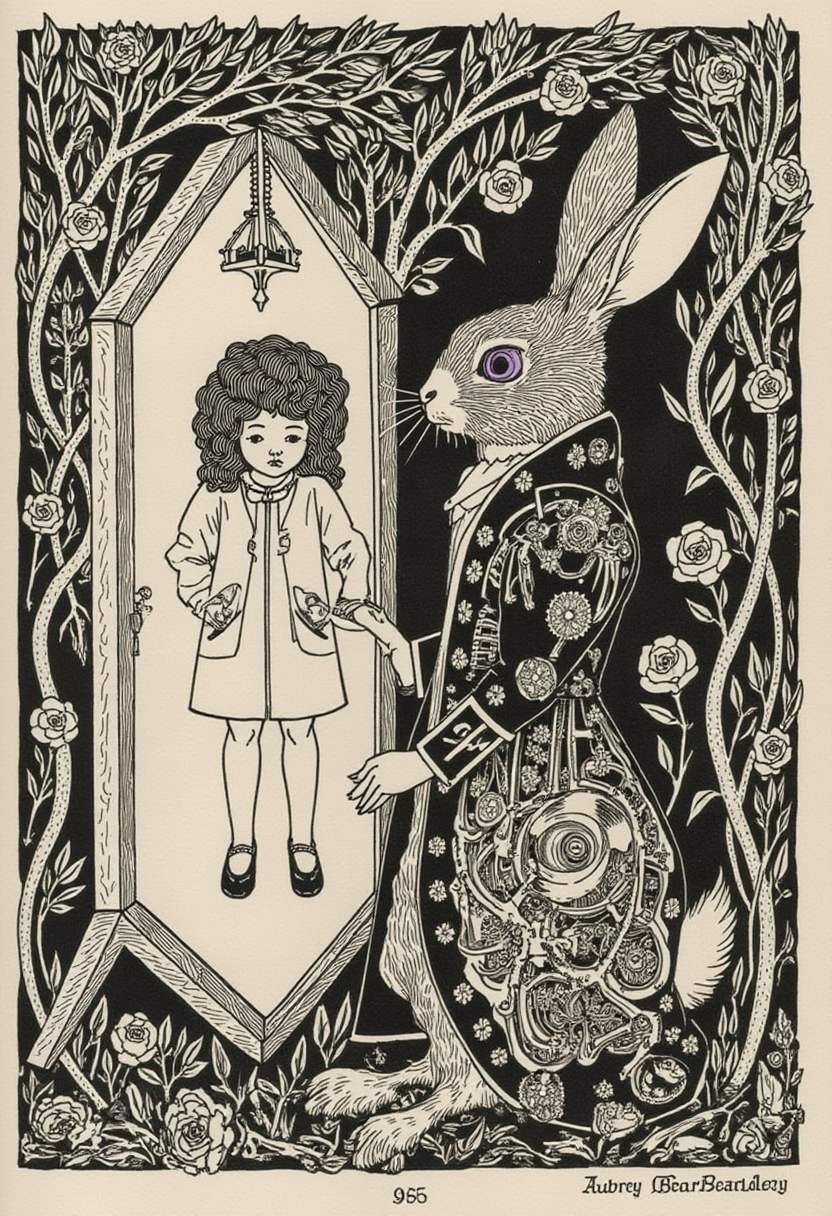 aubreybeardsley1 illustration  A clockwork rabbit with exposed gears wearing an aristocratic frock coat stitched from bone tendrils and rose petals, standing in front of a crooked mirror that reflects a childlike human version of itself; the entire piece flows with Beardsleyâs ornamental ink swirls, but only the rabbitâs one glass eye shines in a soft lavender glow â a perfect collision of innocence, vanity, and the grotesque.