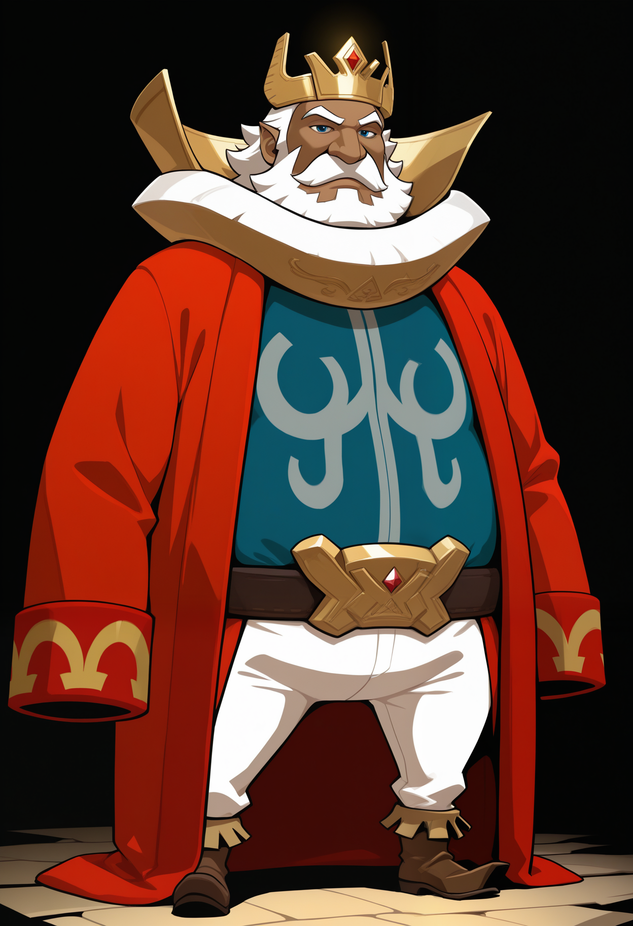 masterpiece,best quality,amazing quality, 1boy, solo, d4phn3s, human, belt, blue shirt, brown shoes, collar, crown, red robe, white pants, dark_skin, mustache,full body,