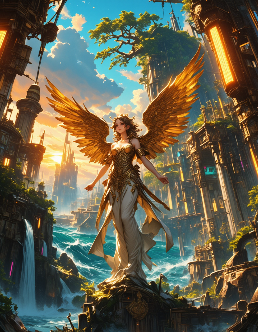<lora:CW02_Lost_indusin:1> cw02lost, winged victory, hellenistic, dynamic pose, drapery, elegance, historic, no ceiling, ornate, cyberpunk, golden, intricate, luxury, industrial, steampunk, T10, waves, rocks, broken columns, tortured tree, vegetation, waterfall, ruins, sunset, blue, orange, yellow, brown, wet, broken pipes, hanging wires, vertical neons, epic, flood, rough sea, epic details, epic scale, impressive,  cyberpunk city, cute 1girl with huge eyes,