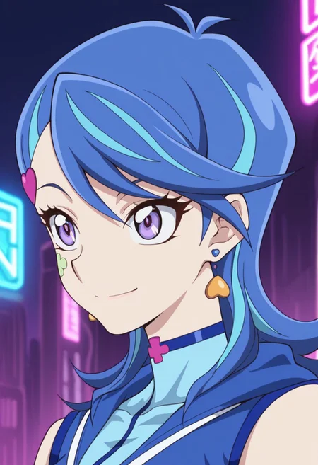 masterpiece,best quality,amazing quality, source_anime,
AoiZaizen,1girl, solo, blue gal outfit, purple eyes, facial tattoo, multicolored hair, blue hair, hair ornament, heart hair ornament, earrings, shirt, blue shirt, short jumpsuit, detached sleeves, smile, portrait,
outdoor, futuristic, neon lights,