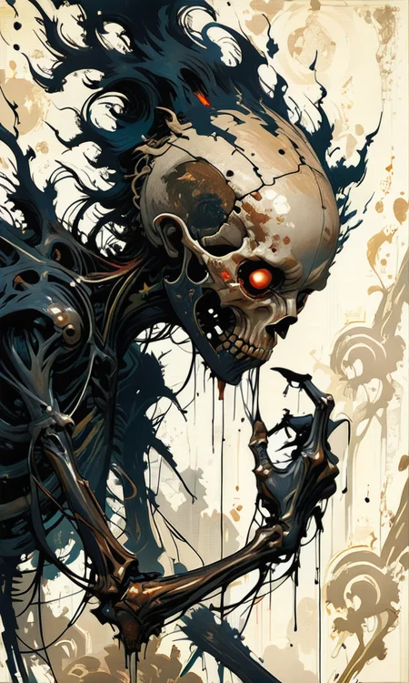 A digital painting of a menacing skeletal figure with glowing red eyes surrounded by swirling fiery black flames. The background is a textured beige canvas enhancing the eerie otherworldly atmosphere. <lora:- NAI - ac_illustration_V1.0-step00011000:.4> <lora:- NAI - PdJ_highres_counterweight_V.2.0-step00021000:0.7> <lora:- iLL - help_for_the_wicked _V1.0-step00001000:.8>
