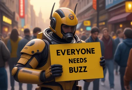 amazing quality, masterpiece, best quality, hyper detailed, ultra detailed, UHD, dof, hyper-realism, awesome, inspiring, A masked figure holding a sign that reads "Everyone needs buzz"