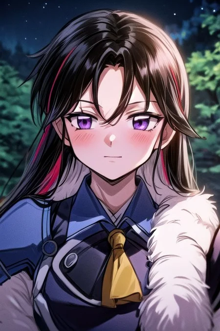 masterpiece, best quality 1girl Setsun4 solo long hair, (night time) forest background black hair very long hair purple eyes multicolored hair armor (fur trim) (medium body),<lora:EMS-179-EMS:0.800000>,<lora:EMS-293862-EMS:0.800000> bow, hair_bow, hair_tubes, red_bow, brown_hair, long_hair, bangs, ascot, frilled_bow, yellow_ascot, blush, smile, hair_between_eyes, athletic, armor, miko
