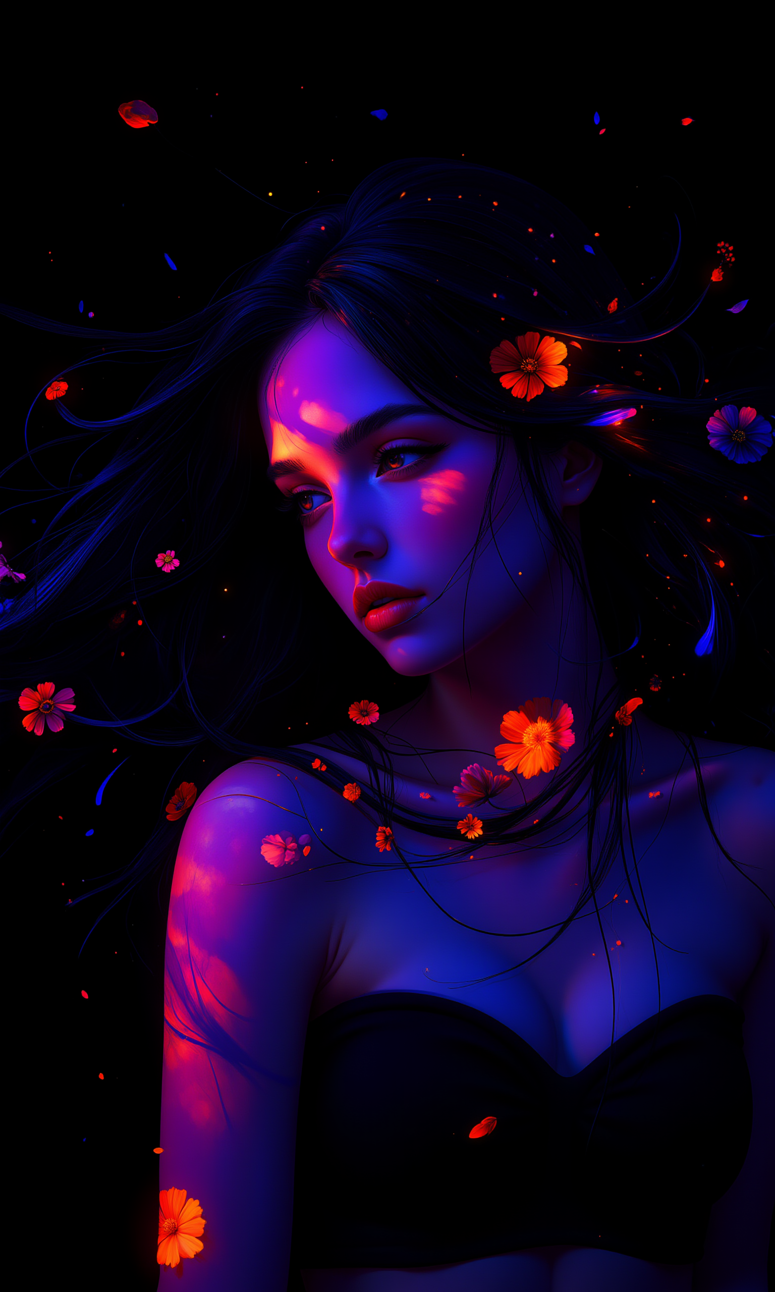 In a velvet-black canvas, a portrait of a supermodel with timeless beauty, her features are illuminated by rich hues of saturated magenta, electric blue, and smoldering amber. Her eyes hold a mysterious allure, flickering between light and shadow, as if holding secrets of a world between dreams and reality. Cascading waves of hair blend into the darkness, framing her face with an ethereal glow, while her expression is both bold and inviting. Her skin, luminous and soft, reflects the intense colors that swirl around her, like embers piercing the night, creating a mesmerizing contrast that is both elegant and unapologetically seductive. This image breathes a harmony of light and shadow, defiance and elegance, drawing in the viewer with its hauntingly beautiful duality.
break
stretching pose, Natural Grace, (three quarter view:0.6), straight-on, (dutch angle:0.2), mid-range shot, body emphasis, wind effect, floating hair, looking away,
break
breathtaking detailed, masterpiece, awe-inspiring, radiant, magnificent, ultra-high definition picture quality, engaging with space, interplay of light and shadow, artistic statement, high dynamic, high-resolution, 32k, using subtle colors, clean lines, smooth curves, bold outlines, and sharp edges. A stylish, professional, and elegant fashion editorial style with simplicity and restraint, <lora:Midjourney_Whisper_Minimal:0.8>, velvet_myst, <lora:Midjourney_Whisper_Chromaplex_Velvet_Myst_v01:0.8>,