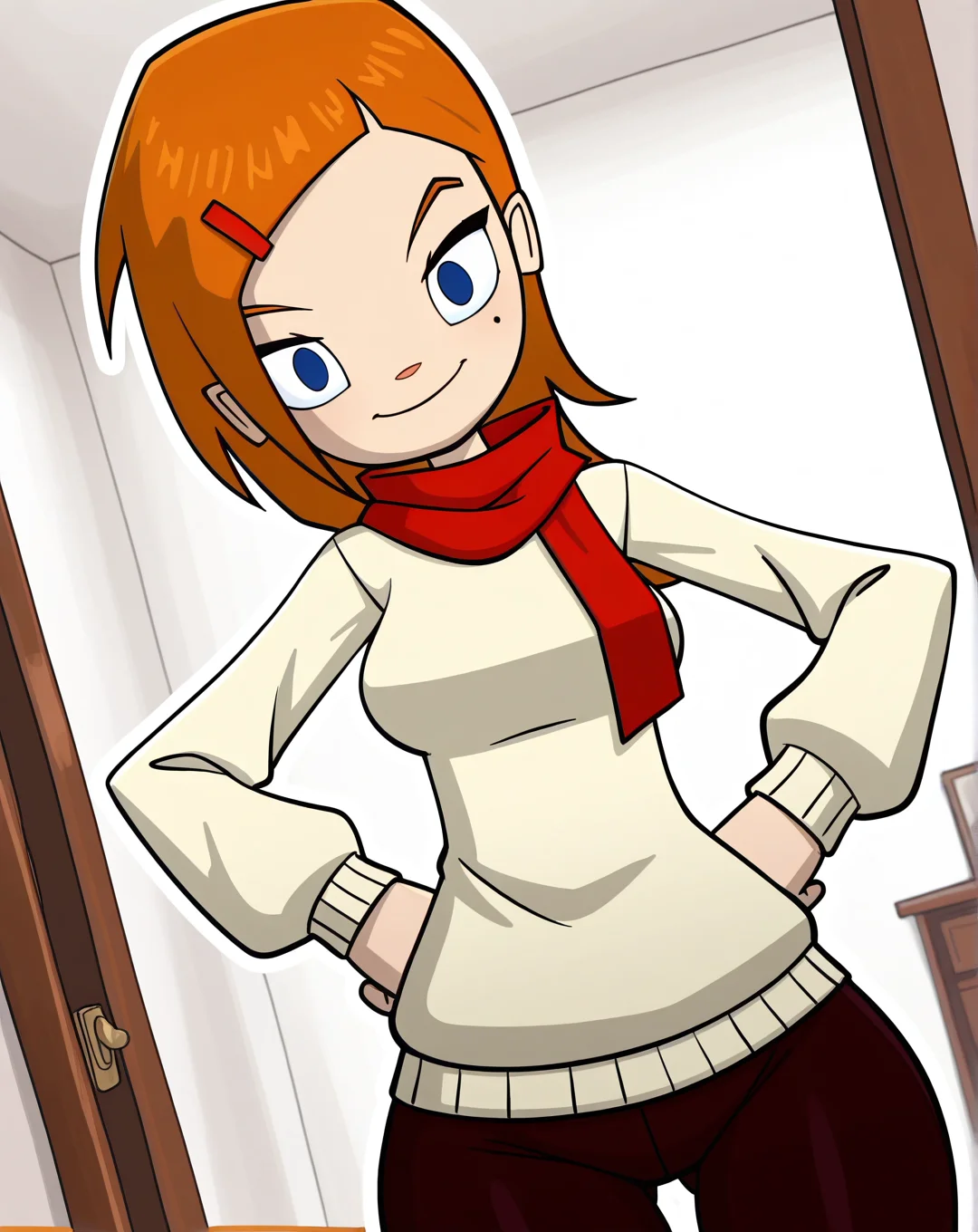 masterpiece, best quality, amazing quality, very aesthetic, absurdres, newest, solo, Heidi_WeinermanZYN, 1girl, solo, blue eyes, orange hair, hair clip, mole, Long sleeve sweater, red scarf), cowboy shot, looking at viewer, beautiful, ((beautiful face, beautiful eyes)), Breasts, Wide Hips, Big thighs, standing,(smile, dutch angle, Hands on hips,naughty pose, looking at viewer, indoors, elegant room, solo, dynamic pose, full_body, head tilt,),((white background, White frame, white outline))