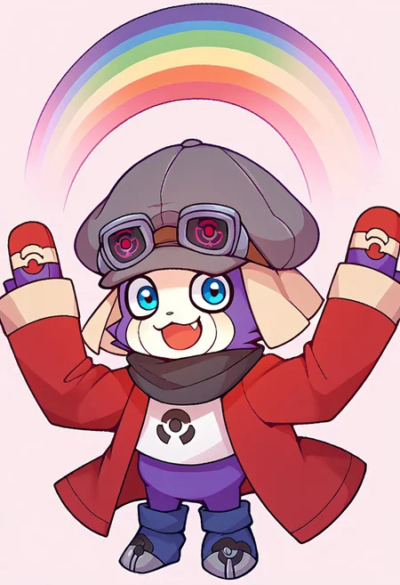 score_9, score_8_up, score_7_up, rainbow, outstretched arms, arms up, <lora:ImaginationSpongebobMeme_pdxl_Incrs_v1:1>, Offmon, digimon, shirt, longsleeve, hat, googles, solo, hat