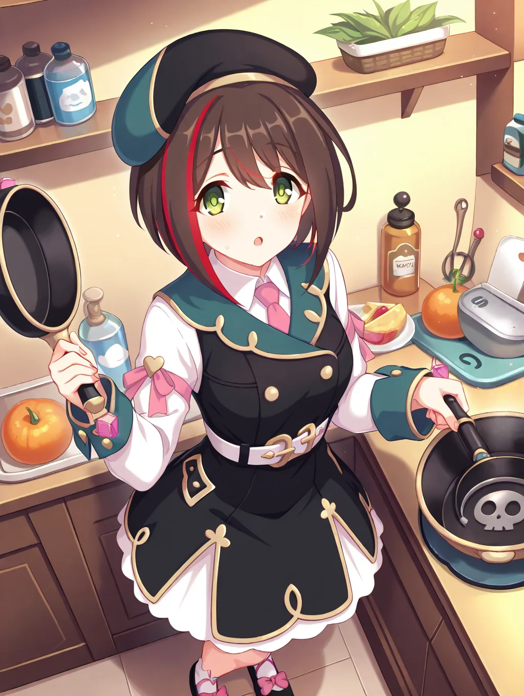 (masterpiece,best quality,ultra_detailed,highres,absurdres:1.2,amazing quality,very aesthetic),<lora:wakana_pcr _ilxl_v1-000012:0.8>,1girl,solo,green eyes,short hair,necktie,hat,multicolored hair,brown hair,streaked hair,holding frying pan,black footwear,pink necktie,looking at viewer,red hair,long sleeves,bow,socks,beret,standing,black dress,white shirt,pink bow,:o,shoes,footwear bow,shirt,wakana\(princess connect!\),looking at viewer,