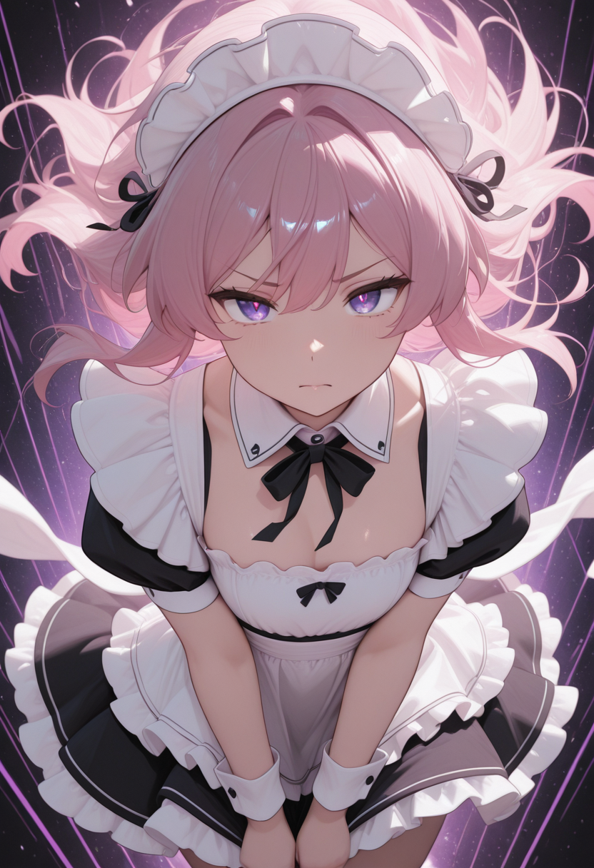 (masterwork, masterpiece, best quality, hyper-detailed, 8k uhd:1.4) 1girl, CivChan, hologram, pink hair, purple eyes, maid uniform, <lora:CivChan:0.9> quality: masterpiece, extremely aesthetic, highly detailed, dynamic composition, vibrant colors, vivid colors, saturated