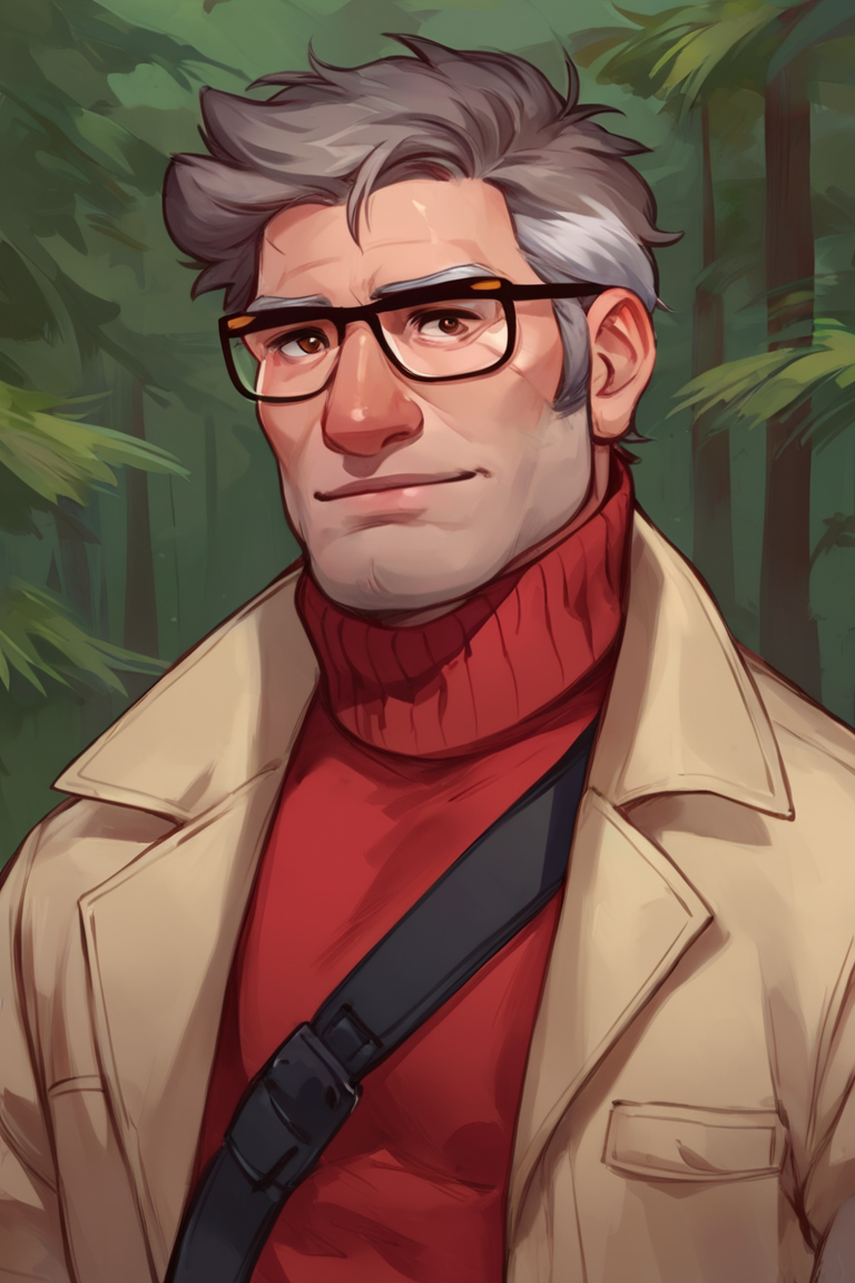 score_9, score_8_up, score_7_up, stanford pines, 1boy, solo, male focus, mature male, muscular male, old man, short hair, grey hair, multicolored hair, brown eyes, thick eyebrows, glasses, black-framed eyewear, facial hair, stubble, long sideburns, looking at viewer, open clothes, beige coat, trench coat, red turtleneck sweater, strap, standing, upper body, portrait, outdoors, forest, pine tree <lora:Stanford (Ford) Pines - Gravity Falls v1.0 MIX [LoRA] - Pony V6 XL:0.8>