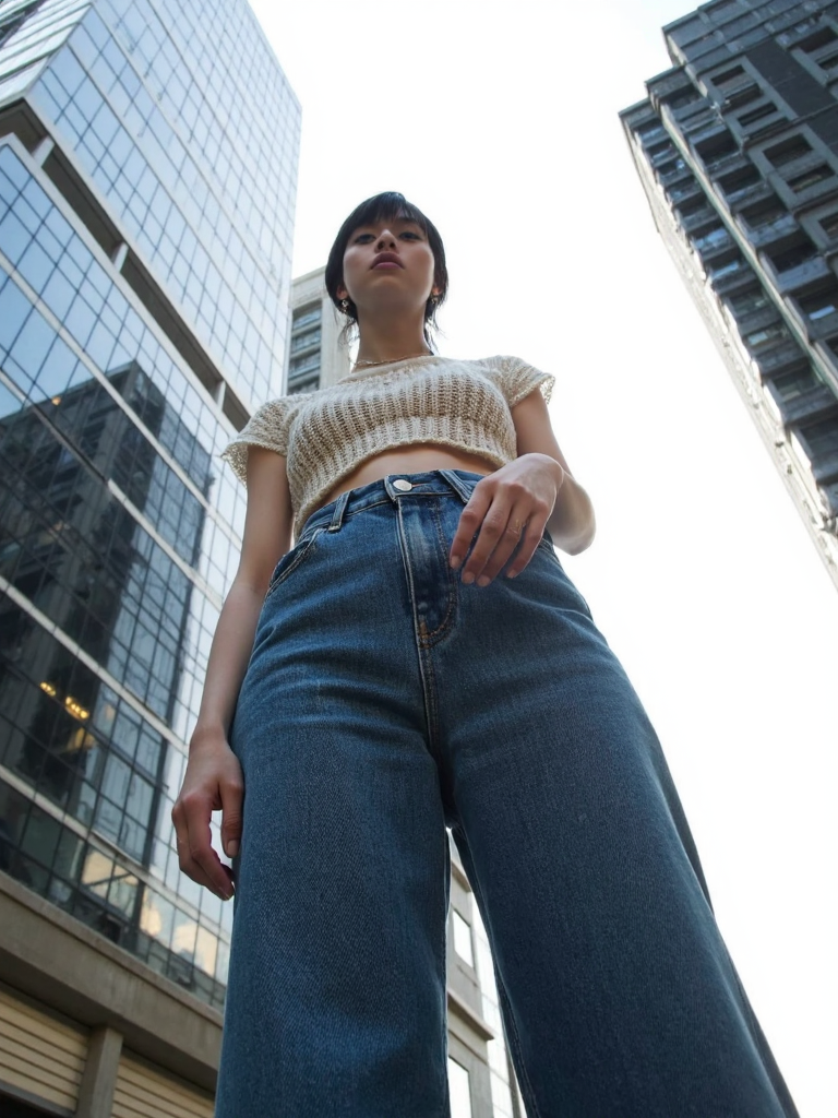 There are wonderful studio lights and various reflections,
18yo beautiful cute girl with blushing and female orgasm.skin naturally showing the texture of blood vessels and detailed pale skin,
--,
<lora:Nakajo_Ayami_f1:1>,she is Nakajo Ayami,
(Knit_cropped_top:1.4),(High-waisted_flared_jeans:1.3),(Platform_sandals:1.2), A bold fashion shot of a model standing tall in front of massive skyscrapers. The low-angle perspective makes her appear powerful and statuesque, her expression strong and determined. The background features towering city buildings with sharp lines contrasting against the bright sky. Street fashion editorial, wide-angle lens, f/2.0, natural light, hd quality,, #æ©å¤©æ¥¼ä½è§åº¦