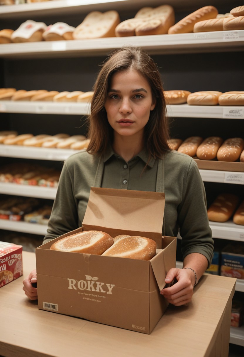 Score_PnyReal C4M3R403, no humans, still life, shop, food, food focus, box, bread, paper, grainy, film photography