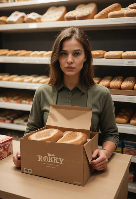 Score_PnyReal C4M3R403, no humans, still life, shop, food, food focus, box, bread, paper, grainy, film photography