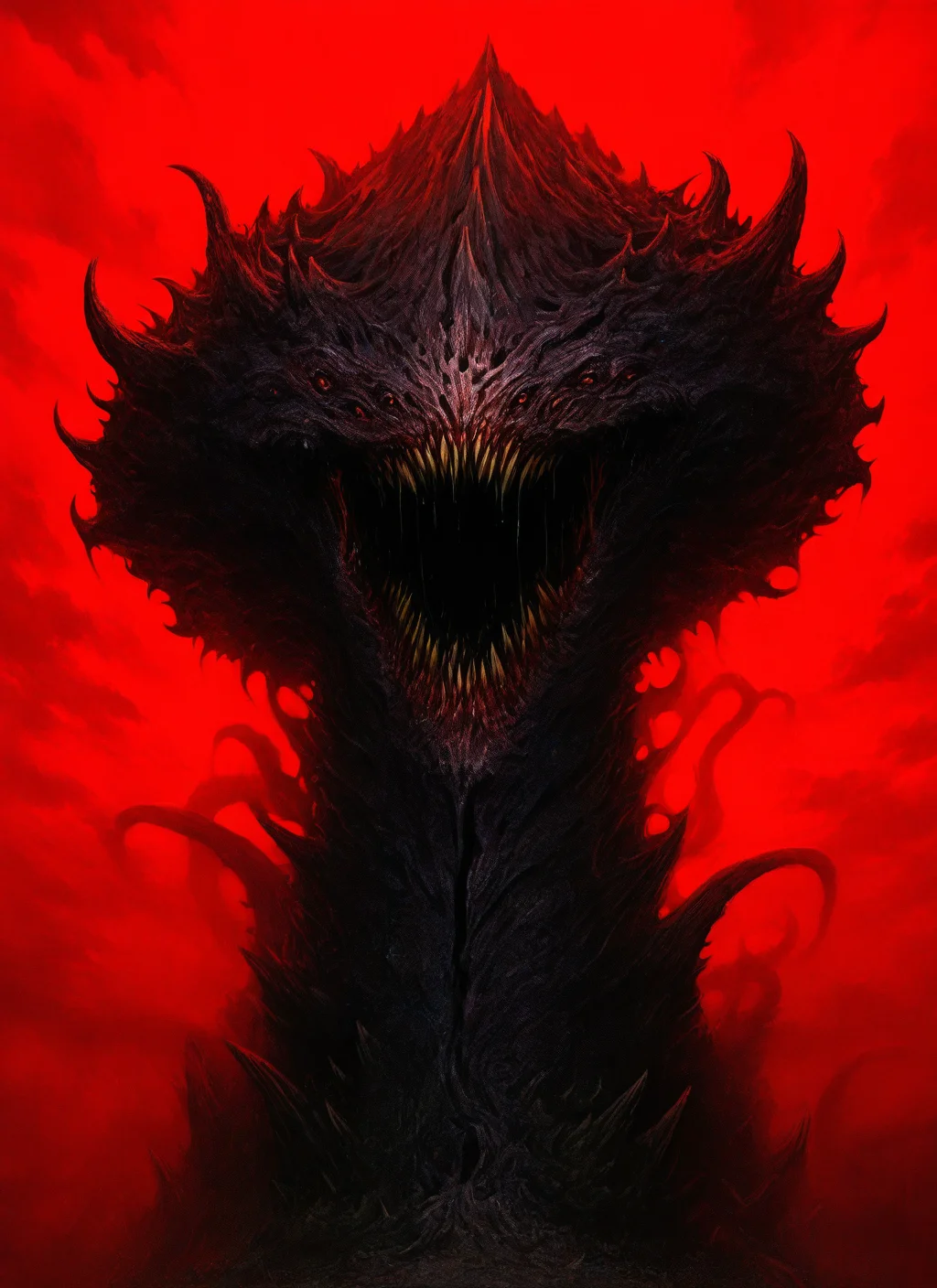 artist:, masterpiece, best quality, newest, very awa, absurdres, highres, mnsr, monster, teeth, spikes, crimson sky, rain, clouds, detailed,, <lora:SDXL\Illustrous\Monster_Concept-Illu-mnsr:1.0>