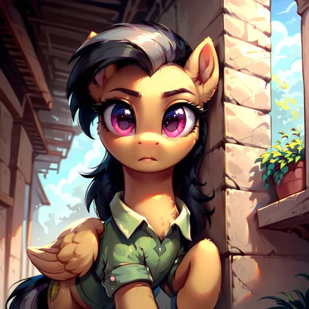 masterpiece, score_9, score_8_up, score_7_up, (best quality:1.1), ultra-detailed, high resolution, 1 girl, solo, pony, highly detailed macro illustration,  Daring Do, pegasus pony, pony, Daring Do, feral, female, mare, cute, long eyelashes, (((beautiful detailed eyes))), Long eyelashes, fluffy, ear fluff, long eyelashes, (cornering), taking cover, spying, ancient stone wall, Highly Visible, (((8k))), sharp focus, perfect lighting, anatomically correct, extremely detailed, shine on body, (ancient tomb), high detail, cute face, Expressiveh, detailed background, OverallDetail, zPDXL2, <lora:Corneringv1:0.8>